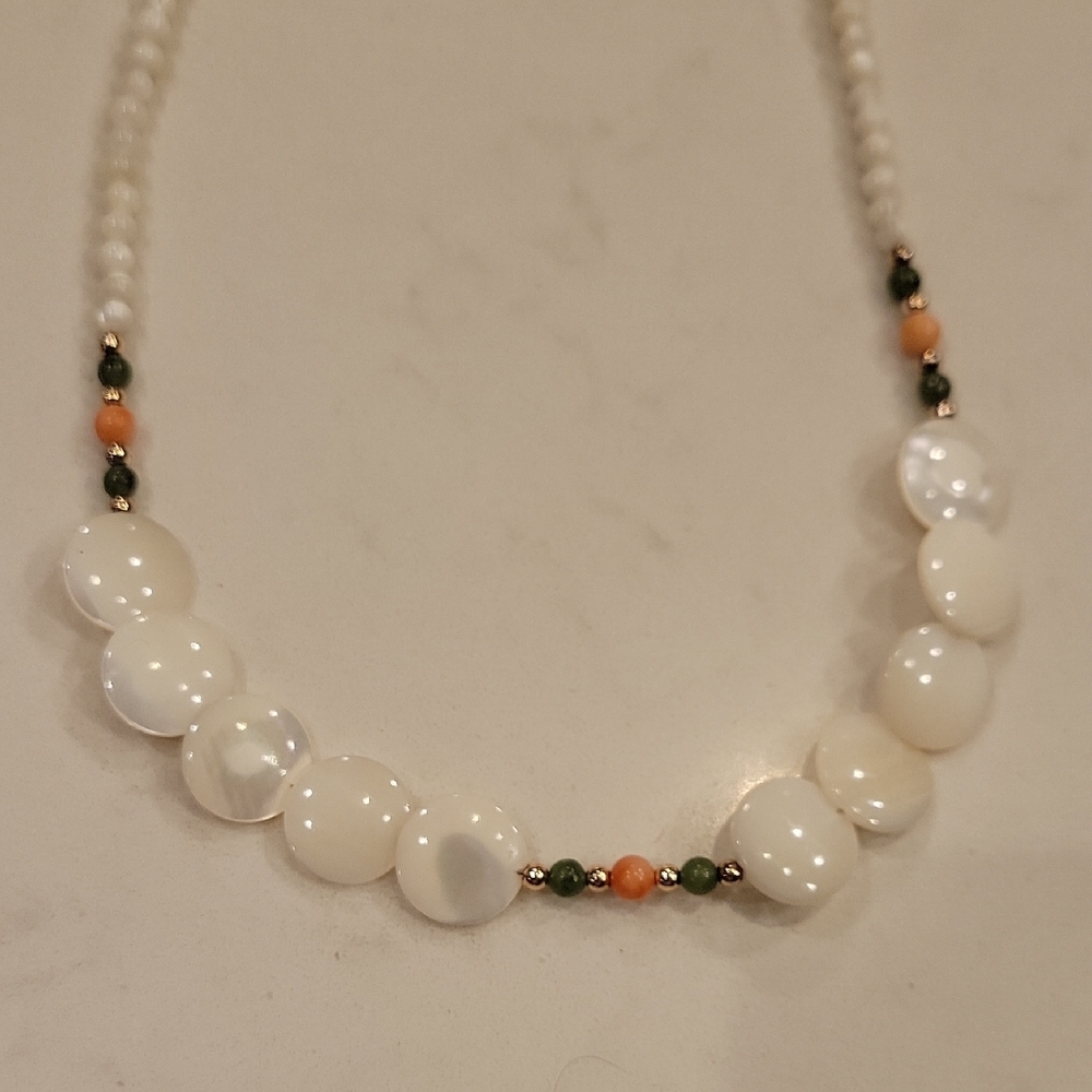 Vintage White, Peach, Khaki Green Beaded Necklace